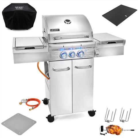 GG03S ZESTAW Grill gazowy Yoer SteakBuff 2+1 +Pokrowiec +Rożen +Płyta +Osłona butli