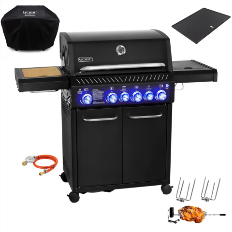GG04BK ZESTAW Grill gazowy Yoer BeefMaster 4+2 +Pokrowiec +Rożen +Płyta