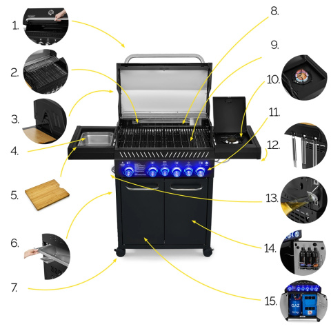 GG04BK ZESTAW Grill gazowy Yoer BeefMaster 4+2 +Pokrowiec +Rożen