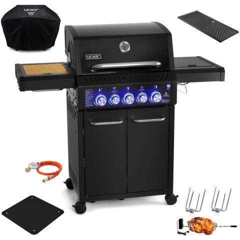 GG06BK ZESTAW Grill gazowy Yoer BeefChef 3+2 +Pokrowiec +Rożen +Płyta +Osłona butli